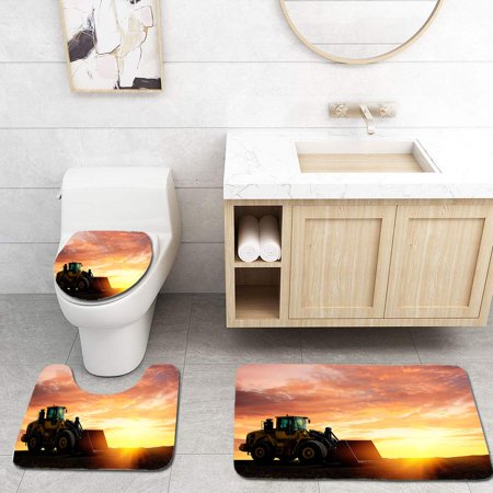 GOHAO Loader Excavator at Sunset 3 Piece Bathroom Rugs Set Bath Rug Contour Mat and Toilet Lid Cover