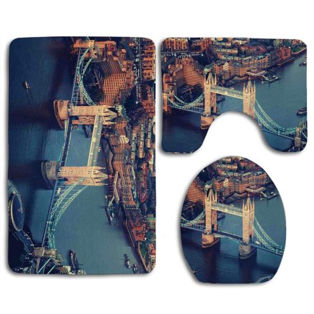 GOHAO London London Aerial View Tower Bridge at Sunset Internatinal Big Old Uk British River 3 Piece Bathroom Rugs Set Bath Rug Contour Mat and Toilet Lid Cover