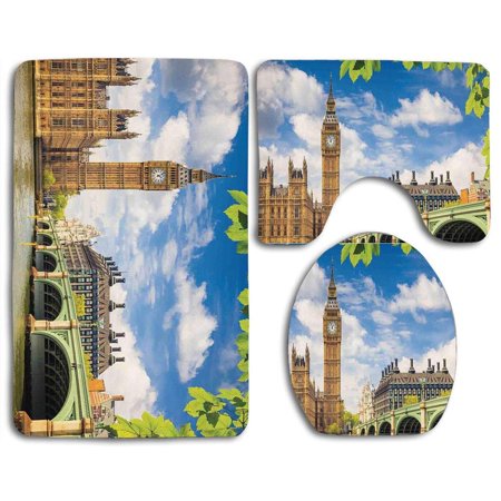 GOHAO London Historical Big Ben Westminster Bridge Fresh Spring Season Leaves Ivory 3 Piece Bathroom Rugs Set Bath Rug Contour Mat and Toilet Lid Cover