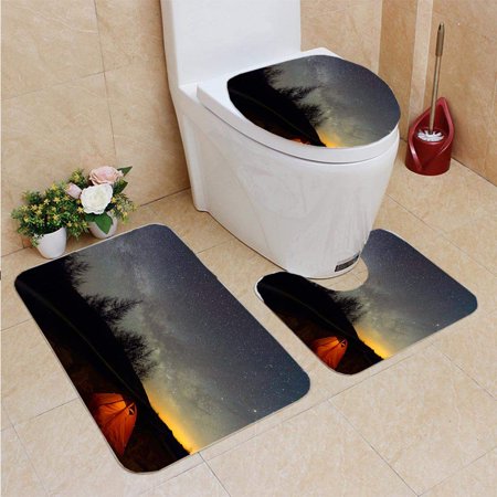 GOHAO Loneley Camper Under Milky Way Near Forest 3 Piece Bathroom Rugs Set Bath Rug Contour Mat and Toilet Lid Cover