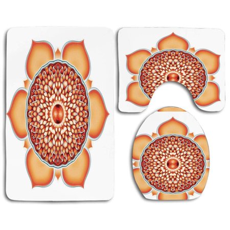 GOHAO Lotus Chakra Pomegranate Tibetan Mandala Renewal Life Universe Symbol Balance 3 Piece Bathroom Rugs Set Bath Rug Contour Mat and Toilet Lid Cover