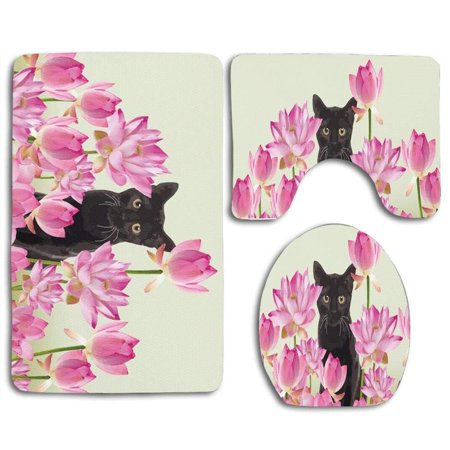 GOHAO Lotus Flower Blossoms Black Cat 3 Piece Bathroom Rugs Set Bath Rug Contour Mat and Toilet Lid Cover