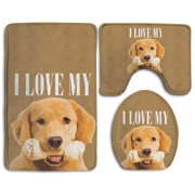 GOHAO Love Golden Retriever 3 Piece Bathroom Rugs Set Bath Rug Contour Mat and Toilet Lid Cover