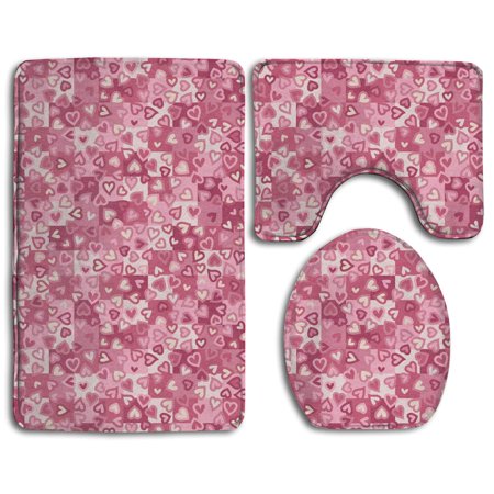 GOHAO Love Heart Patterns 3 Piece Bathroom Rugs Set Bath Rug Contour Mat and Toilet Lid Cover