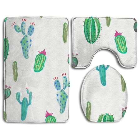 GOHAO Lovely Cactus 3 Piece Bathroom Rugs Set Bath Rug Contour Mat and Toilet Lid Cover