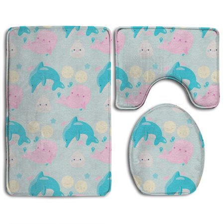 GOHAO Lovely Cartoon Dolphins 3 Piece Bathroom Rugs Set Bath Rug Contour Mat and Toilet Lid Cover