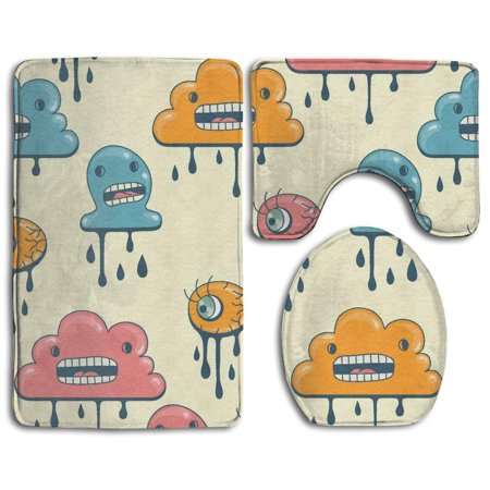 GOHAO Lovely Cloud Rain 3 Piece Bathroom Rugs Set Bath Rug Contour Mat and Toilet Lid Cover