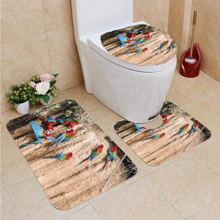 GOHAO Macaws Clay Lick Peruvian Amazon Jungle Madre de Dios Peru 3 Piece Bathroom Rugs Set Bath Rug Contour Mat and Toilet Lid Cover