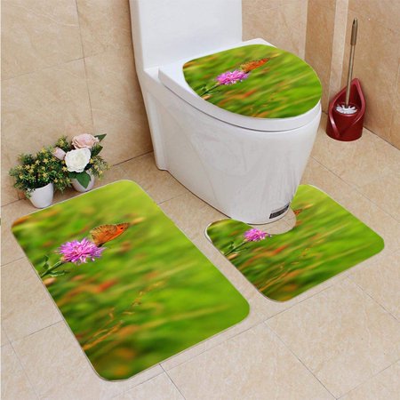 GOHAO Macro Shot Butterfly Cornflower 3 Piece Bathroom Rugs Set Bath Rug Contour Mat and Toilet Lid Cover