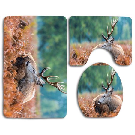 GOHAO Male Deer 3 Piece Bathroom Rugs Set Bath Rug Contour Mat and Toilet Lid Cover