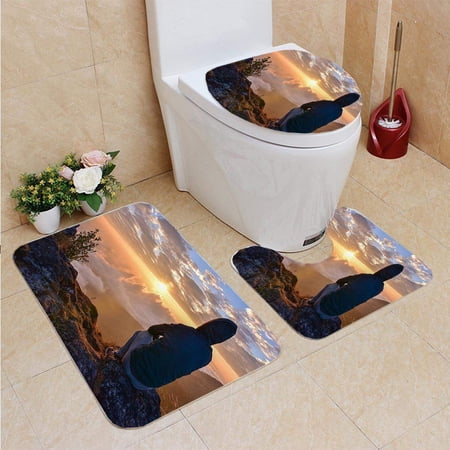 GOHAO Man Sitting a Mountain Watching Sunrise Views 3 Piece Bathroom Rugs Set Bath Rug Contour Mat and Toilet Lid Cover