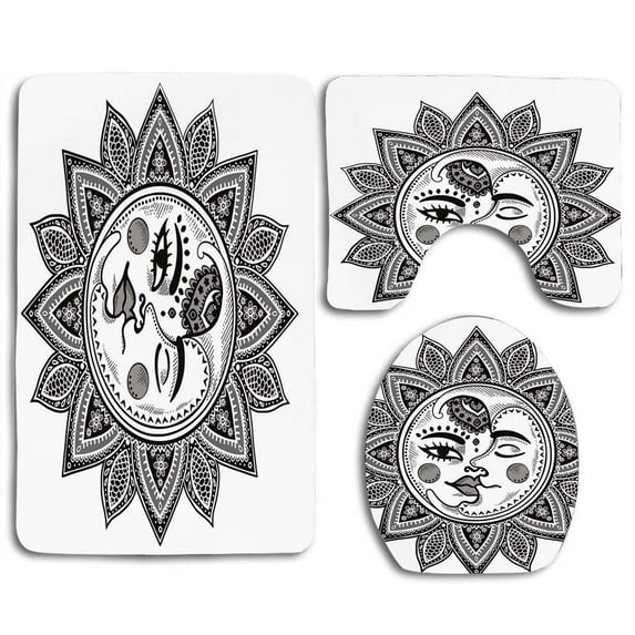 GOHAO Mandala Inspired Bohemian Tattoo Style Eclipse Figure Ancient Folkloric black and White 3 Piece Bathroom Rugs Set Bath Rug Contour Mat and Toilet Lid Cover