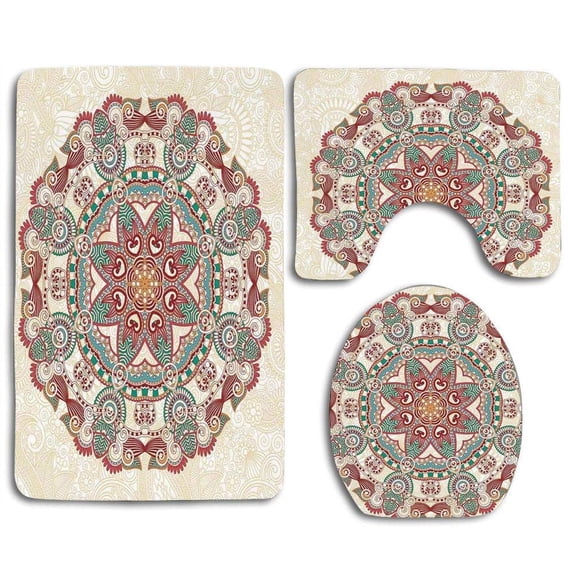 GOHAO Mandala Oriental Mandala Figure Vintage Style 3 Piece Bathroom Rugs Set Bath Rug Contour Mat and Toilet Lid Cover