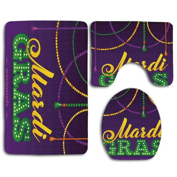 GOHAO Mardi Gras Beads and Tassels Masquerade Theme Calligraphy Fun 3 Piece Bathroom Rugs Set Bath Rug Contour Mat and Toilet Lid Cover