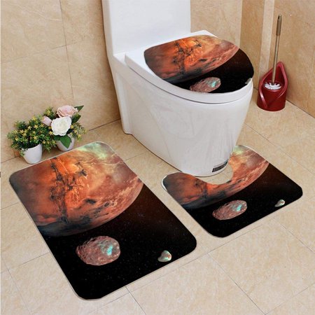 GOHAO Mars its Two cratered Moons Phobos Deimos Elements This 3 Piece Bathroom Rugs Set Bath Rug Contour Mat and Toilet Lid Cover