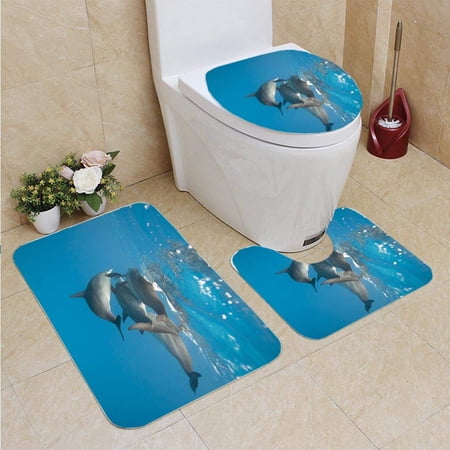 GOHAO Mating Spinner Dolphins 3 Piece Bathroom Rugs Set Bath Rug Contour Mat and Toilet Lid Cover