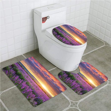 GOHAO Meadow Lavender 3 Piece Bathroom Rugs Set Bath Rug Contour Mat and Toilet Lid Cover