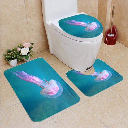 GOHAO Mediterranean Jellyfish Near Surface 3 Piece Bathroom Rugs Set Bath Rug Contour Mat and Toilet Lid Cover