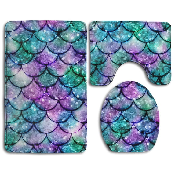 GOHAO Mermaid 3 Piece Bathroom Rugs Set Bath Rug Contour Mat and Toilet Lid Cover