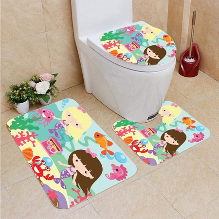 GOHAO Mermaid 3 Piece Bathroom Rugs Set Bath Rug Contour Mat and Toilet Lid Cover