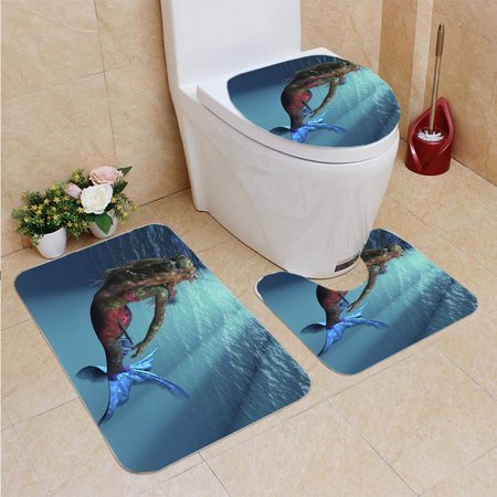 GOHAO Mermaid Ocean 3 Piece Bathroom Rugs Set Bath Rug Contour Mat and Toilet Lid Cover