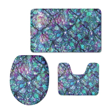 GOHAO Mermaid Tails and Scales in Glitter 3 Piece Bathroom Rugs Set Bath Rug Contour Mat and Toilet Lid Cover