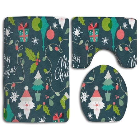 GOHAO Merry Christmas Santa Claus 3 Piece Bathroom Rugs Set Bath Rug Contour Mat and Toilet Lid Cover
