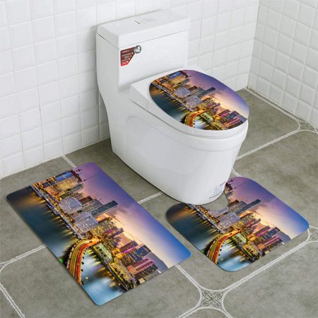 GOHAO Miami Florida Skyline 3 Piece Bathroom Rugs Set Bath Rug Contour Mat and Toilet Lid Cover