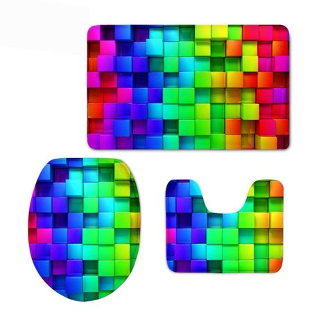 GOHAO Mixed Color Lattice 3 Piece Bathroom Rugs Set Bath Rug Contour Mat and Toilet Lid Cover
