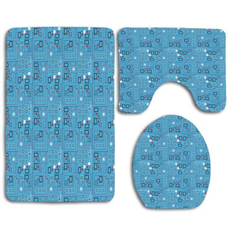 GOHAO Modern Geometric Lines Dots Circles Rounds Industrial 3 Piece Bathroom Rugs Set Bath Rug Contour Mat and Toilet Lid Cover
