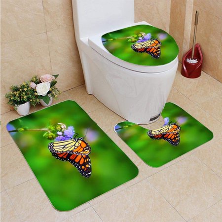 GOHAO Monarch Butterfly 3 Piece Bathroom Rugs Set Bath Rug Contour Mat and Toilet Lid Cover