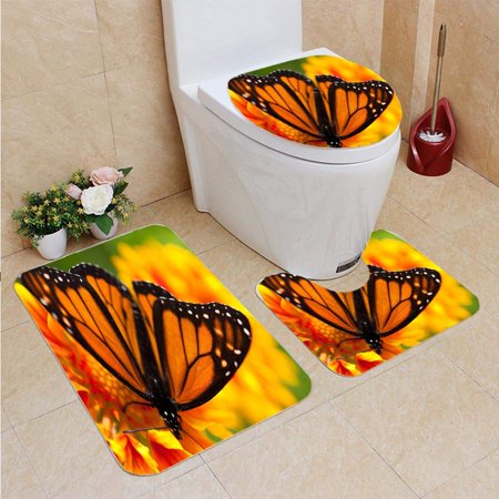 GOHAO Monarch Butterfly 3 Piece Bathroom Rugs Set Bath Rug Contour Mat and Toilet Lid Cover
