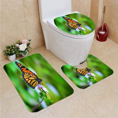 GOHAO Monarch Butterfly 3 Piece Bathroom Rugs Set Bath Rug Contour Mat and Toilet Lid Cover