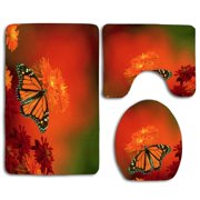 GOHAO Monarch Wings Fly Flowers Orange Black Butterflie 3 Piece Bathroom Rugs Set Bath Rug Contour Mat and Toilet Lid Cover