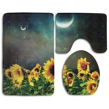 GOHAO Moon Sunflowers 3 Piece Bathroom Rugs Set Bath Rug Contour Mat and Toilet Lid Cover