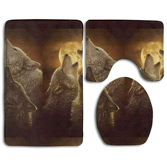 GOHAO Moon Wolves 3 Piece Bathroom Rugs Set Bath Rug Contour Mat and Toilet Lid Cover