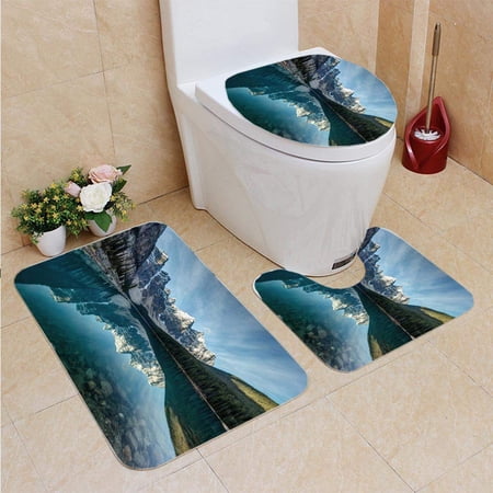 GOHAO Moraine Lake Reflection 3 Piece Bathroom Rugs Set Bath Rug Contour Mat and Toilet Lid Cover