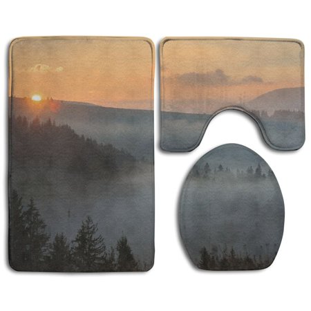 GOHAO Morning Foggy Mountain Range Sunrise Pine Tree Forest Dramatic Misty Sky 3 Piece Bathroom Rugs Set Bath Rug Contour Mat and Toilet Lid Cover