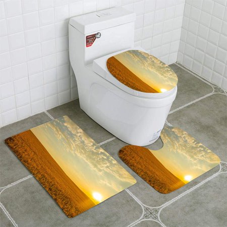 GOHAO Morning Sun Over Wheat Field 3 Piece Bathroom Rugs Set Bath Rug Contour Mat and Toilet Lid Cover