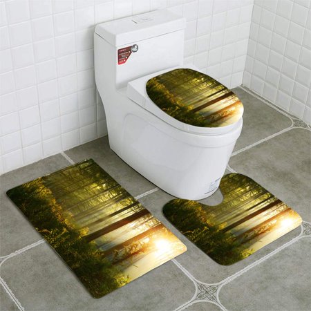 GOHAO Morning in Forest 3 Piece Bathroom Rugs Set Bath Rug Contour Mat and Toilet Lid Cover