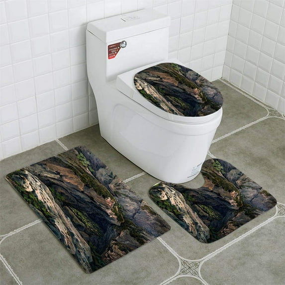 GOHAO Moss in Cliffs Slate Rocks 3 Piece Bathroom Rugs Set Bath Rug Contour Mat and Toilet Lid Cover