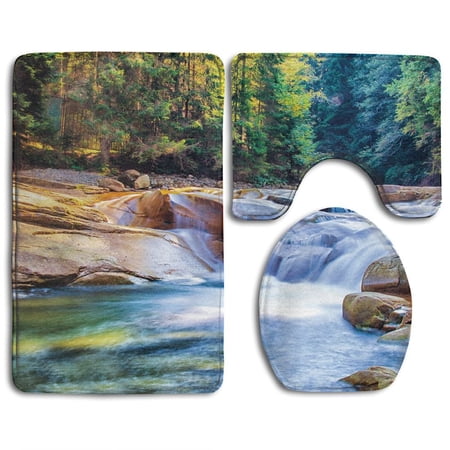 GOHAO Mother Nature Theme Waterfall Forest Stones 3 Piece Bathroom Rugs Set Bath Rug Contour Mat and Toilet Lid Cover