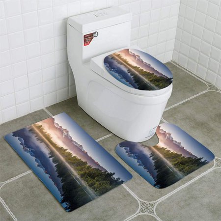 GOHAO Mount Cook in Lake Matheson New Zealand 3 Piece Bathroom Rugs Set Bath Rug Contour Mat and Toilet Lid Cover