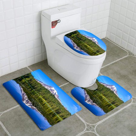 GOHAO Mount Rainier and Reflection Lake Washington USA 3 Piece Bathroom Rugs Set Bath Rug Contour Mat and Toilet Lid Cover