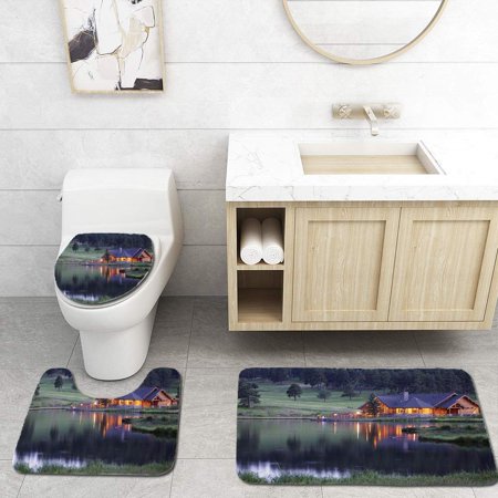 GOHAO Mountain Lodge Reflecting in Lake at Dusk 3 Piece Bathroom Rugs Set Bath Rug Contour Mat and Toilet Lid Cover