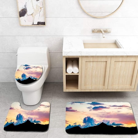 GOHAO Mountain Silhouette and Clouds at Sunset in Italy 3 Piece Bathroom Rugs Set Bath Rug Contour Mat and Toilet Lid Cover