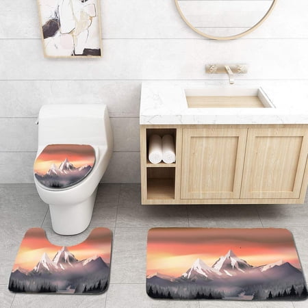 GOHAO Mountains Landscape Sunset Pine Forest Near a Lake 3 Piece Bathroom Rugs Set Bath Rug Contour Mat and Toilet Lid Cover