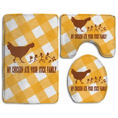 GOHAO My Chicken Ate Your Stick Family 3 Piece Bathroom Rugs Set Bath Rug Contour Mat and Toilet Lid Cover