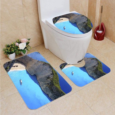GOHAO Navagio Beach Zakynthos Island Greece 3 Piece Bathroom Rugs Set Bath Rug Contour Mat and Toilet Lid Cover