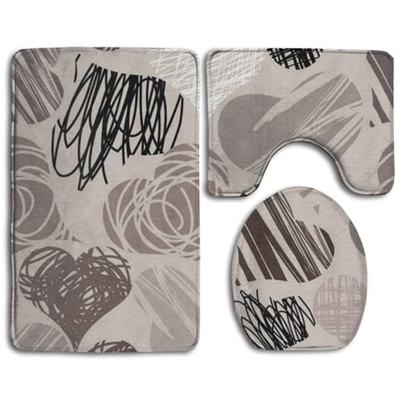 GOHAO New Gray Hearts 3 Piece Bathroom Rugs Set Bath Rug Contour Mat and Toilet Lid Cover